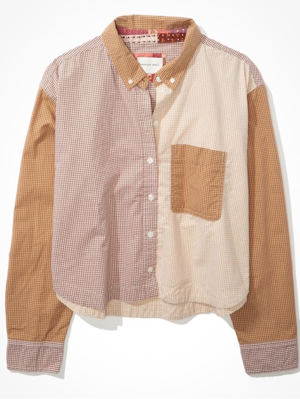 American Eagle Outfitters Kids Patchwork Button-Down Shirt in Brown and Cream